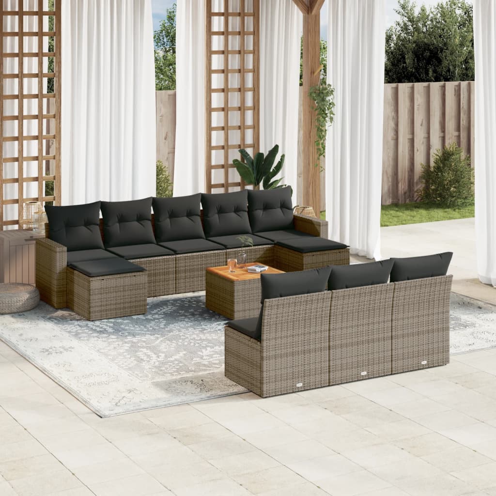 vidaXL 11-tlg. Garten-Sofagarnitur mit Kissen Grau Poly Rattan