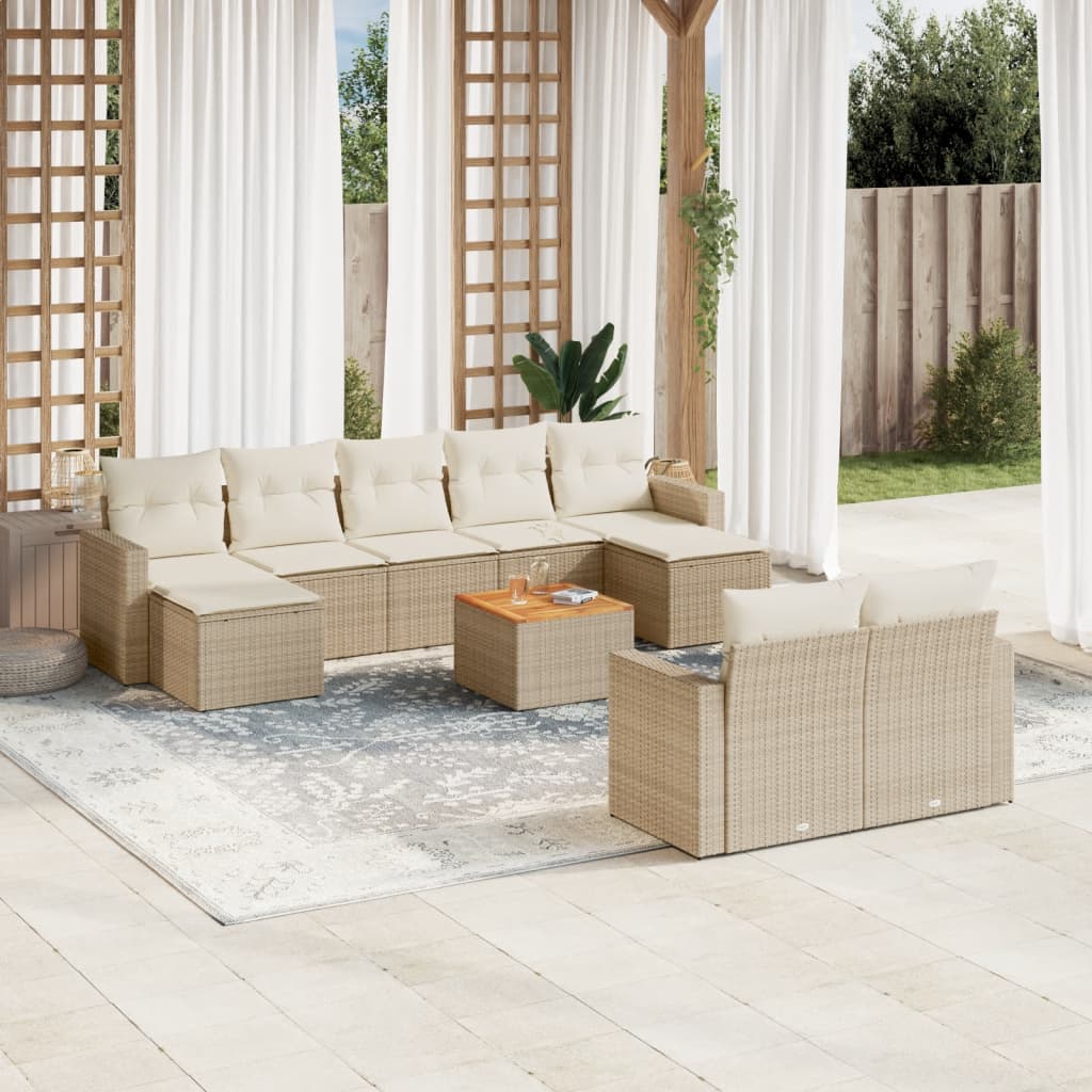 vidaXL 10-tlg. Garten-Sofagarnitur mit Kissen Beige Poly Rattan