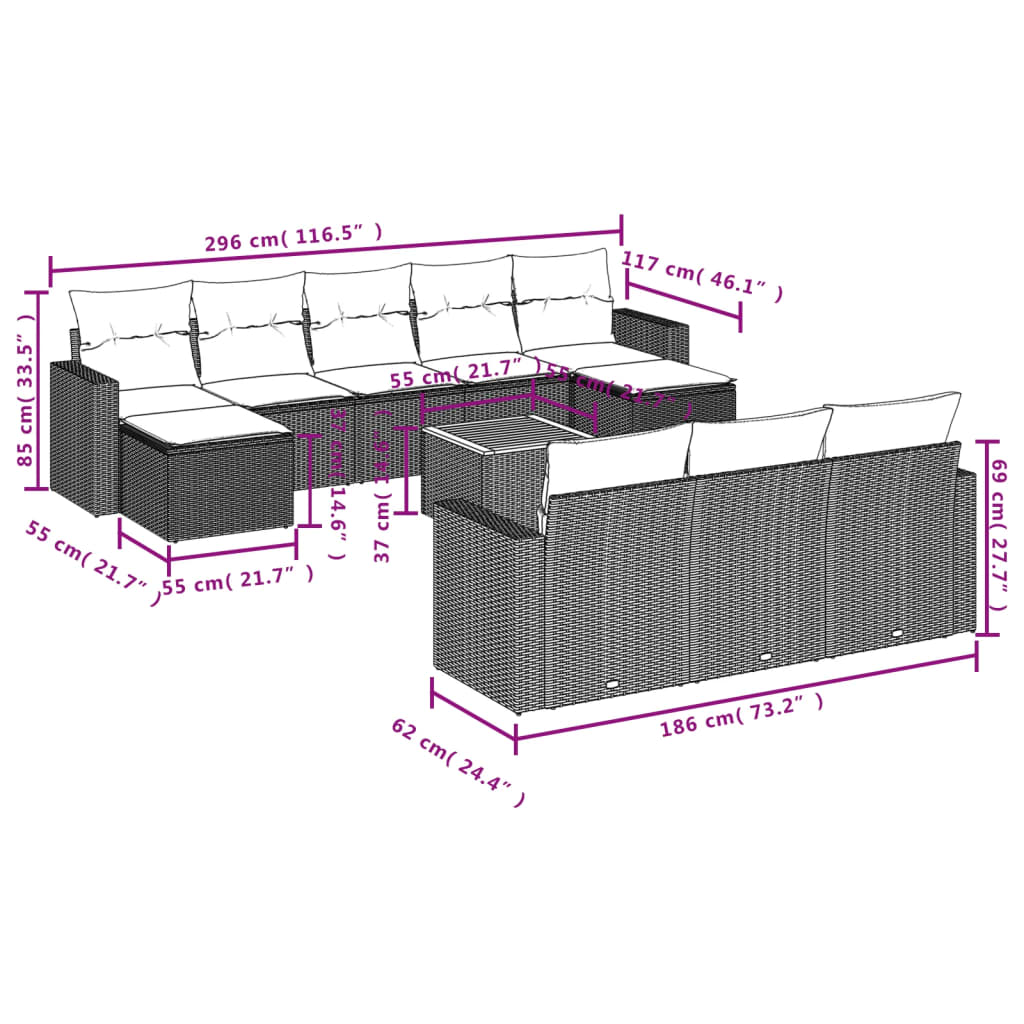Set canapele de grădină cu perne, 11 piese, bej, poliratan 3224343 - imagine 3