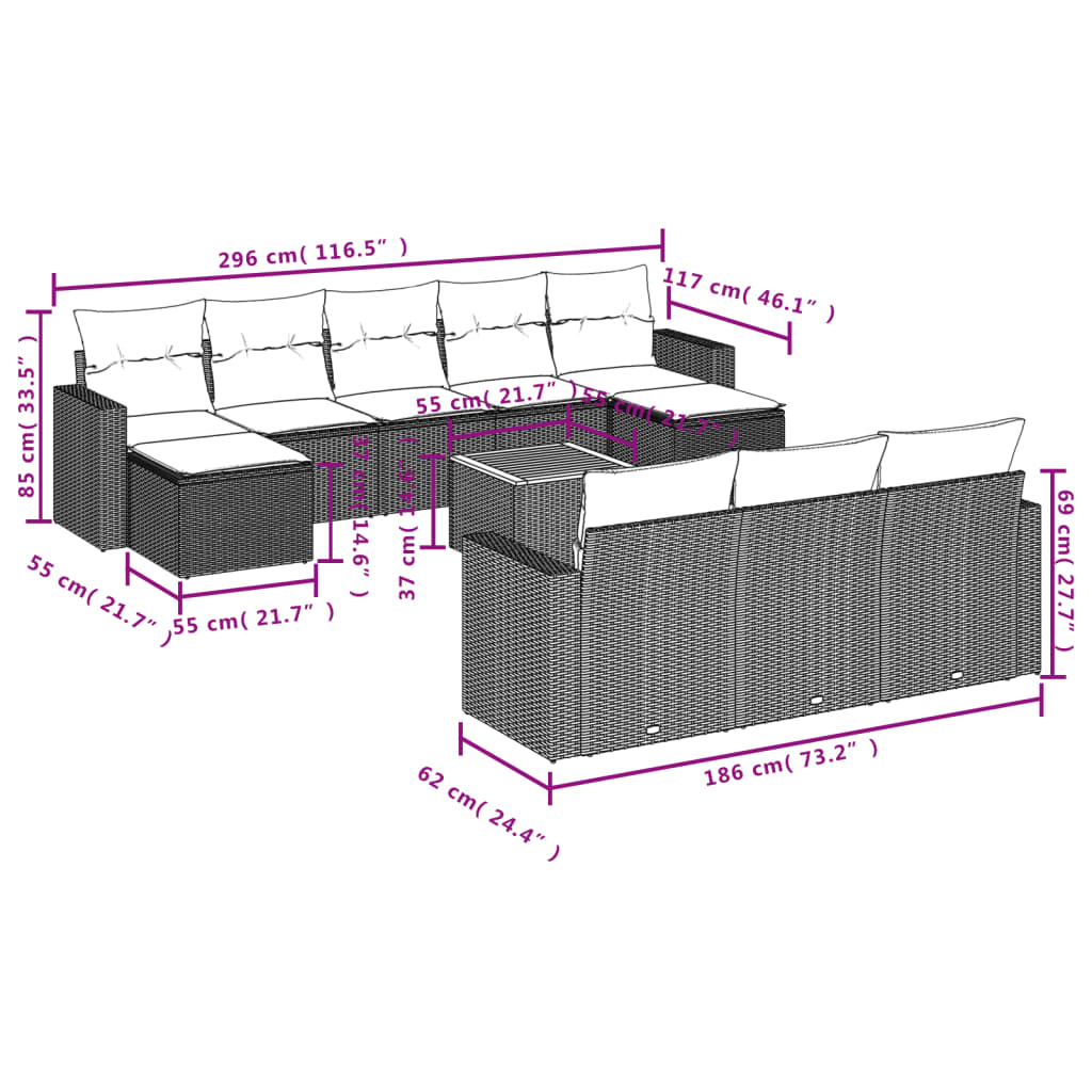 Set canapele de grădină cu perne, 11 piese, gri, poliratan 3224345 - imagine 3