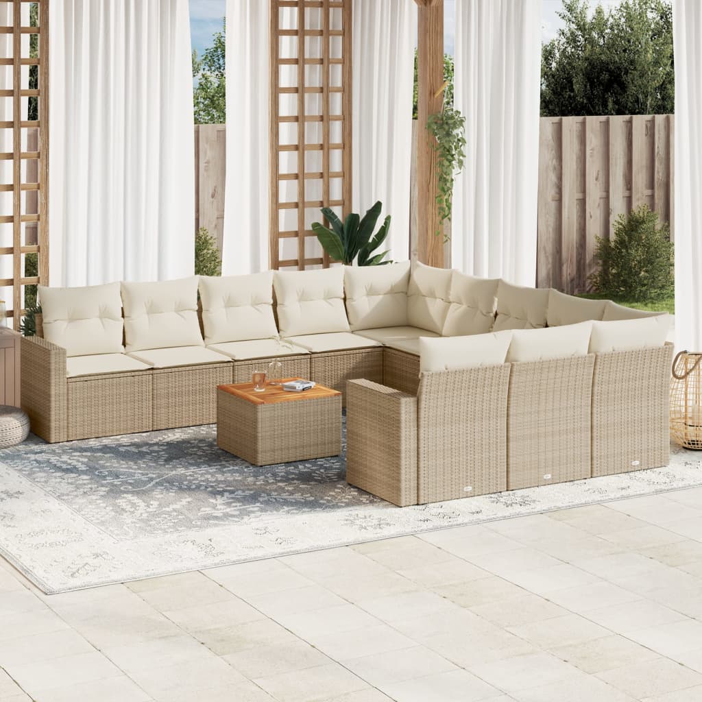 vidaXL 12-tlg. Garten-Sofagarnitur mit Kissen Beige Poly Rattan