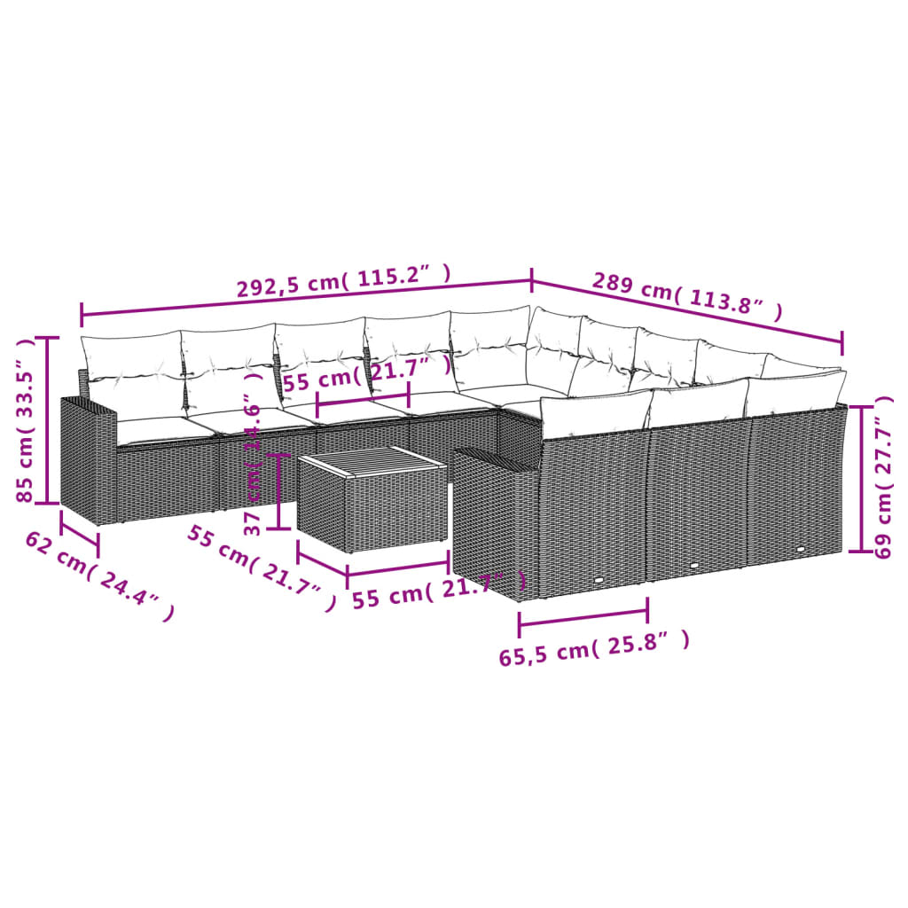vidaXL 12-delige Loungeset met kussens poly rattan grijs afbeelding