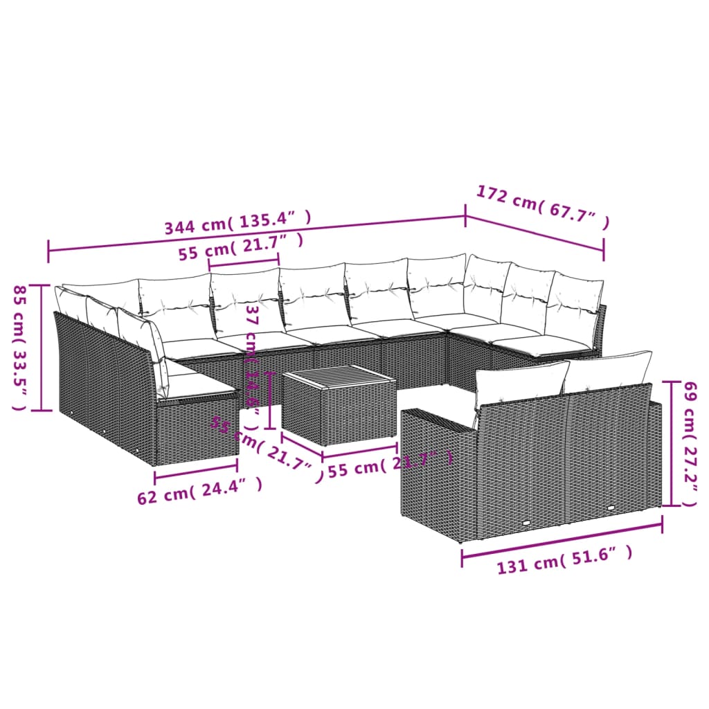 Set mobilier de grădină cu perne, 13 piese, negru, poliratan 3224355 - imagine 3