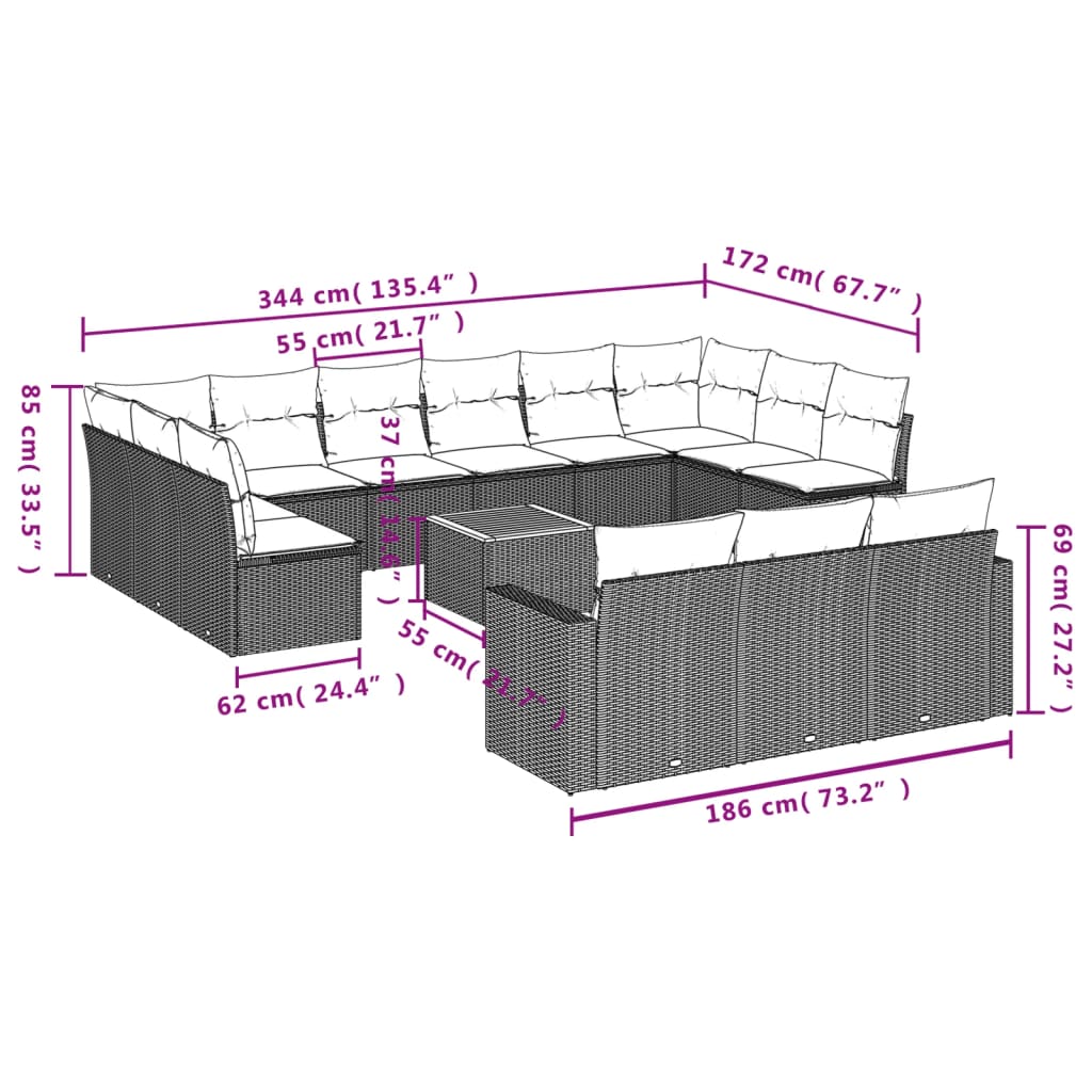 Set mobilier de grădină cu perne, 14 piese, gri, poliratan 3224366 - imagine 3