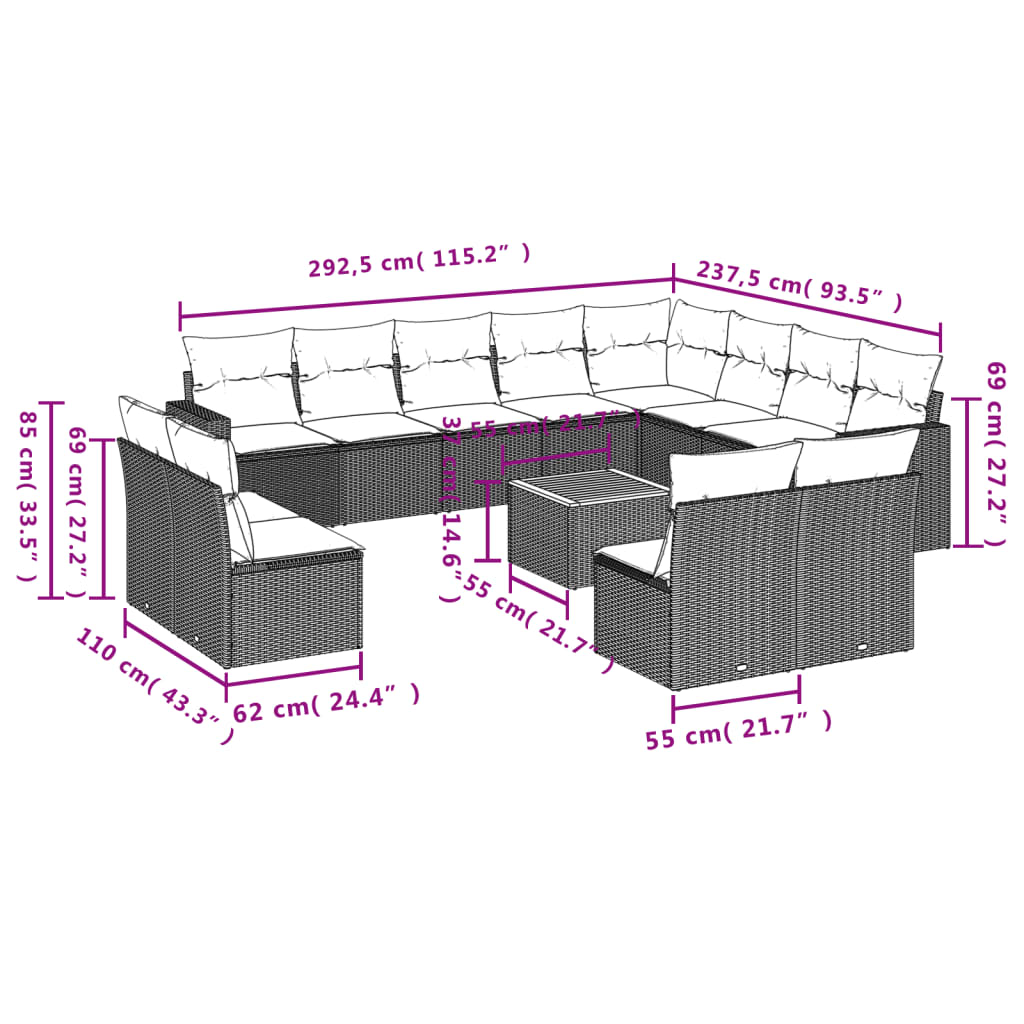 Set mobilier de grădină cu perne, 13 piese, negru, poliratan 3224369 - imagine 3