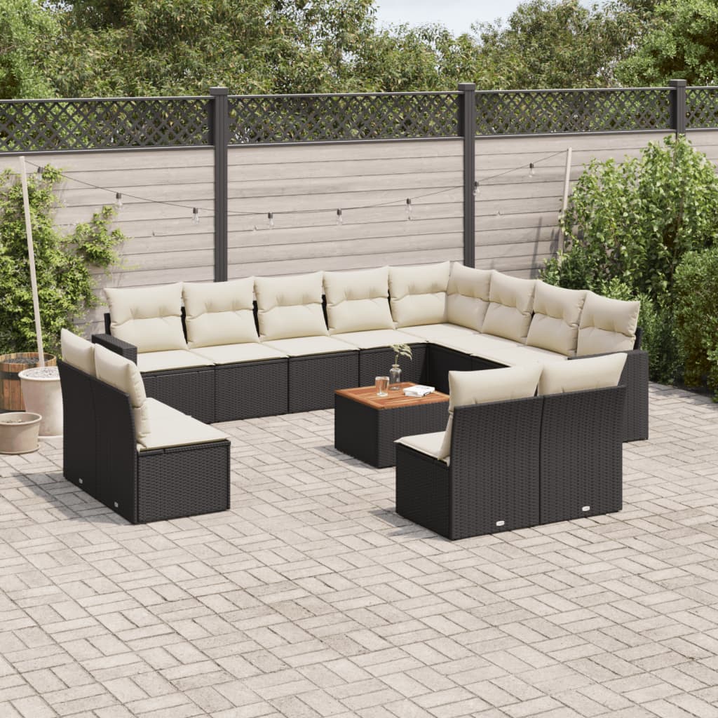 vidaXL 13-tlg. Garten-Sofagarnitur mit Kissen Schwarz Poly Rattan