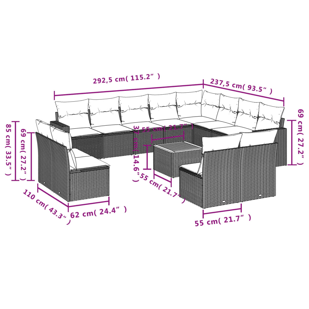 Set canapele de grădină, 13 piese, cu perne, bej, poliratan 3224372 - imagine 3