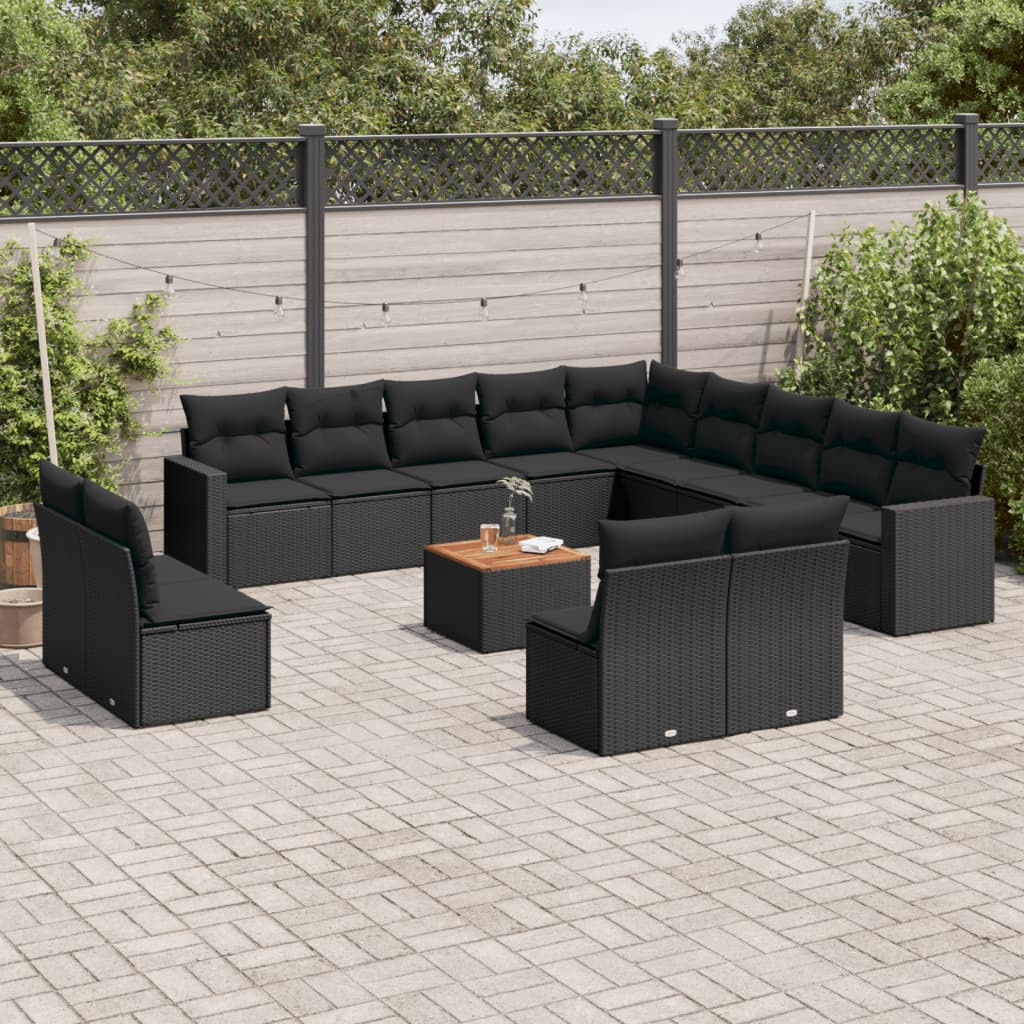 vidaXL 14-tlg. Garten-Sofagarnitur mit Kissen Schwarz Poly Rattan