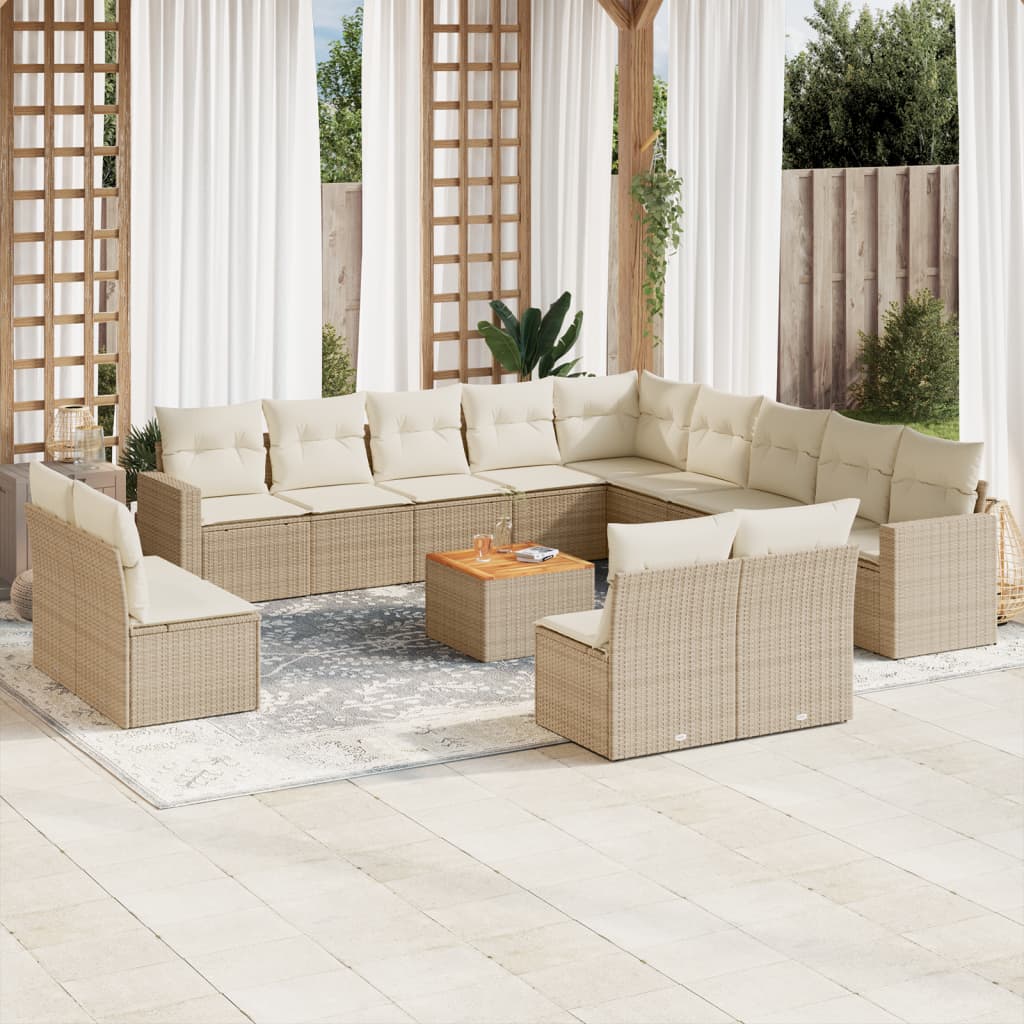 vidaXL 14-tlg. Garten-Sofagarnitur mit Kissen Beige Poly Rattan