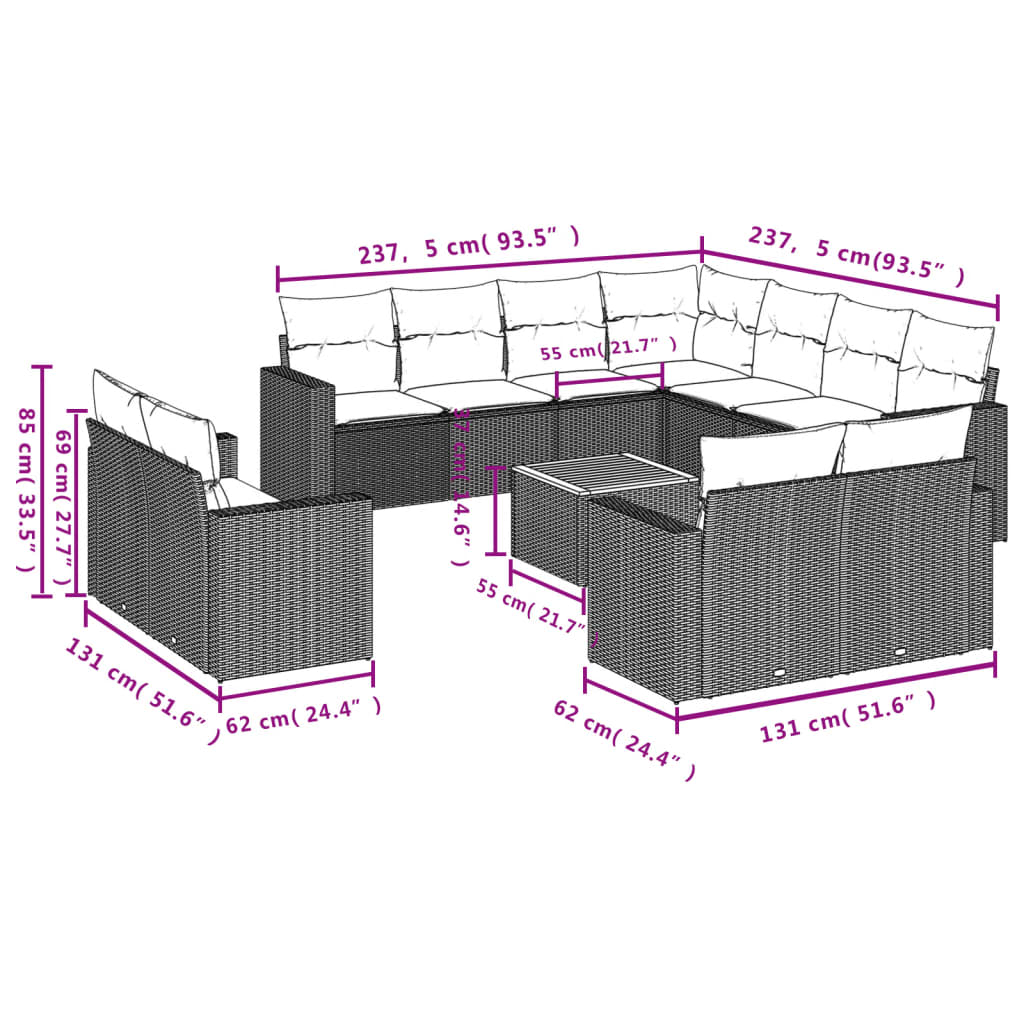 vidaXL 12-delige Loungeset met kussens poly rattan zwart afbeelding