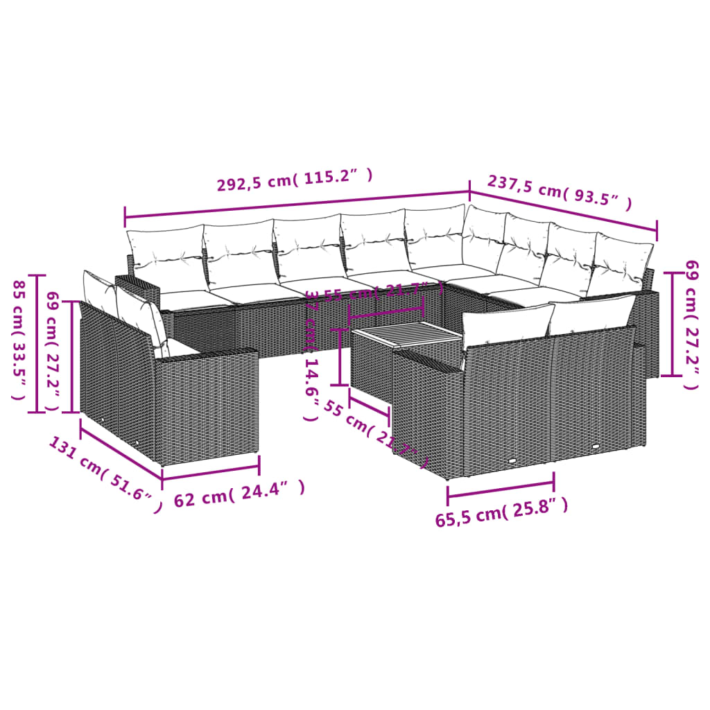 Set mobilier de grădină cu perne, 13 piese, gri, poliratan 3224394 - imagine 3