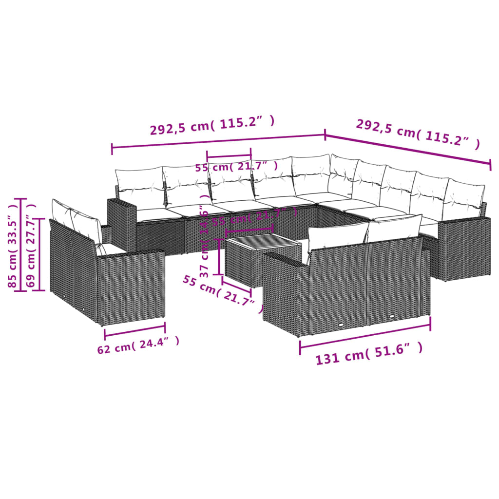 vidaXL 14-delige Loungeset met kussens poly rattan grijs afbeelding