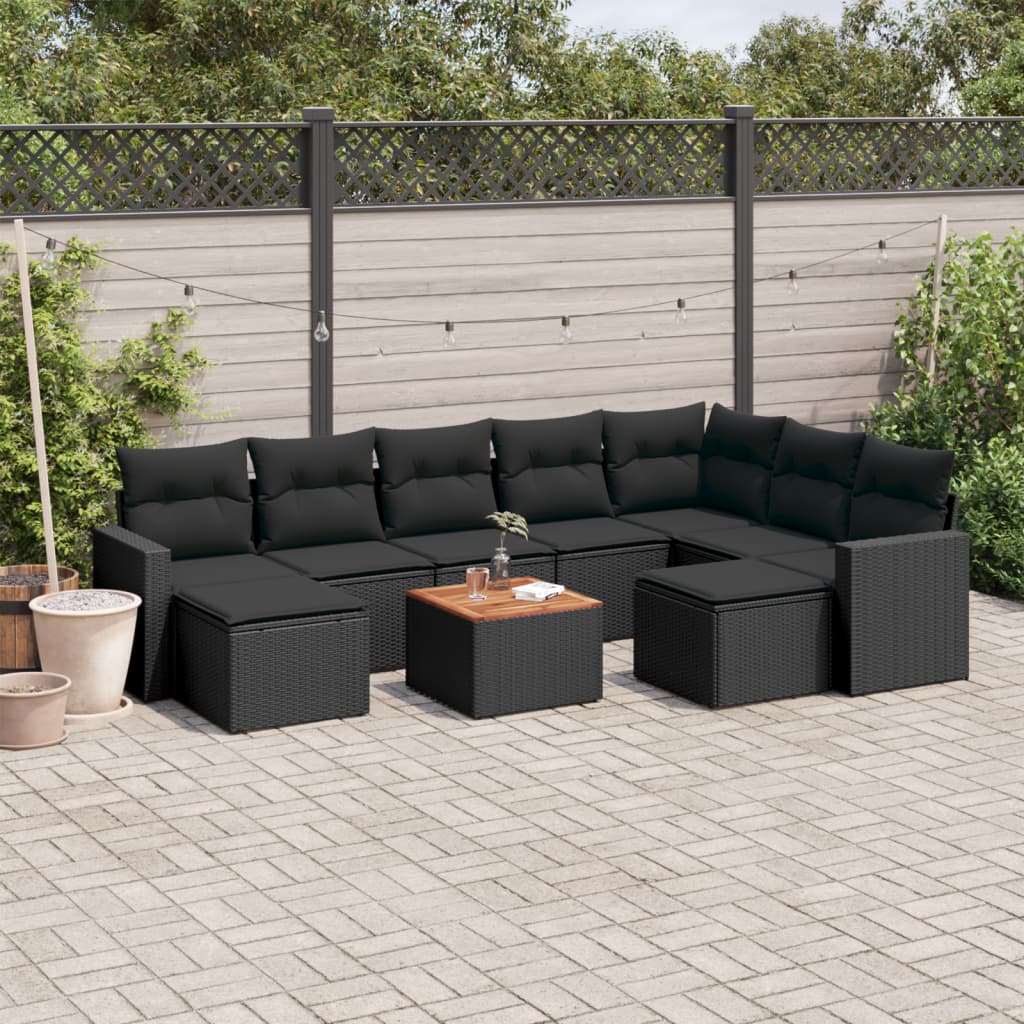 vidaXL 10-tlg. Garten-Sofagarnitur mit Kissen Schwarz Poly Rattan