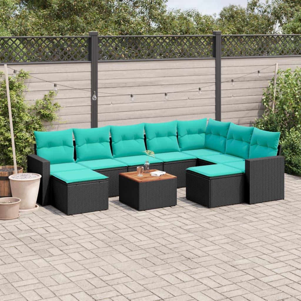 10 Piece Patio Sofa Set with Cushions Black Poly Rattan