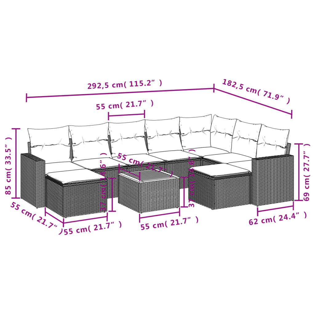 Set canapele de grădină cu perne, 10 piese, bej, poliratan 3224407 - imagine 3