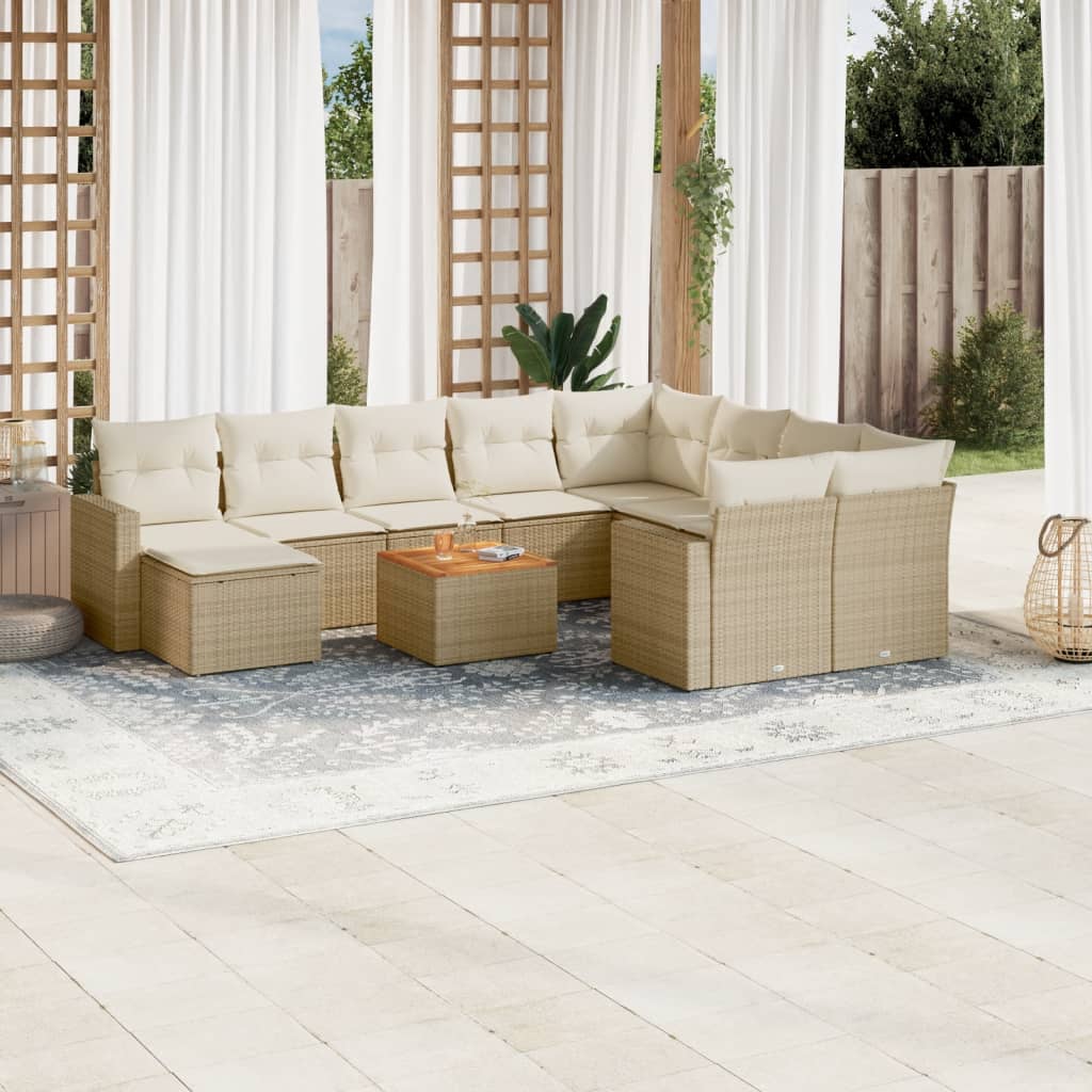 11-tlg. Garten-Sofagarnitur mit Kissen Beige Poly Rattan