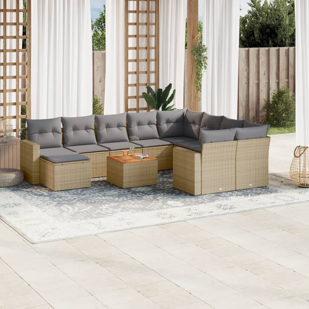 11-tlg. Garten-Sofagarnitur mit Kissen Beige Poly Rattan