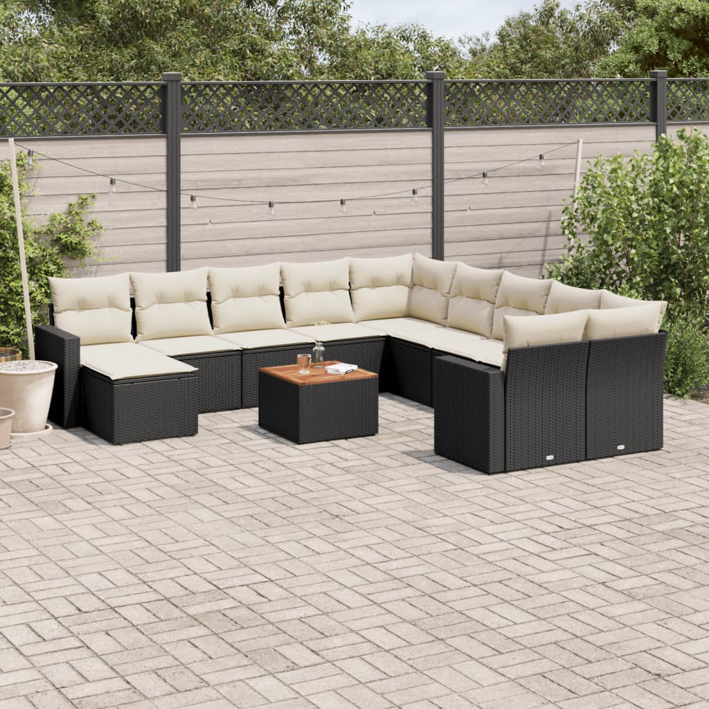 Loungesæt til haven 12 dele i sort polyrattan med cremefarvede hynder