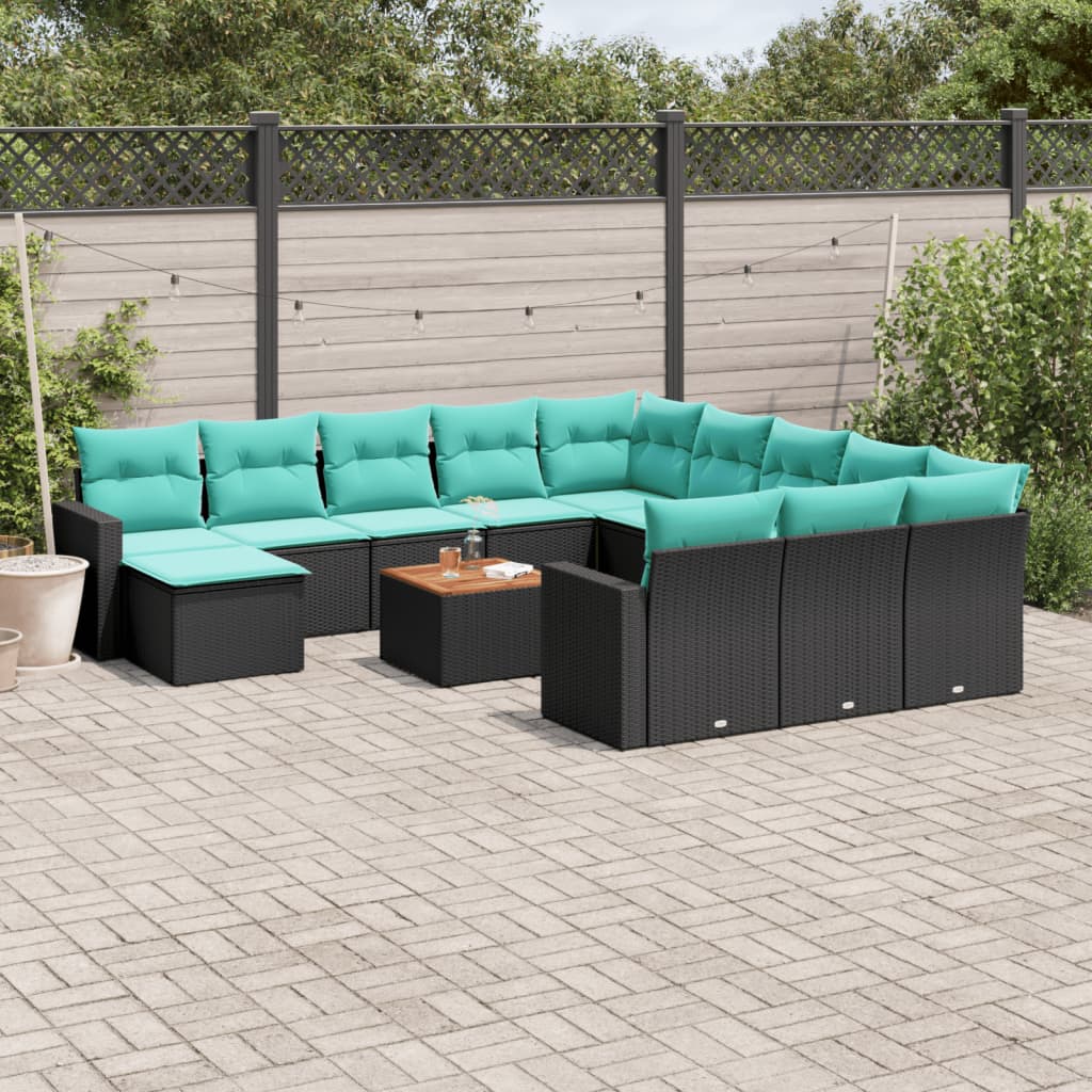 13 Piece Patio Sofa Set with Cushions Black Poly Rattan