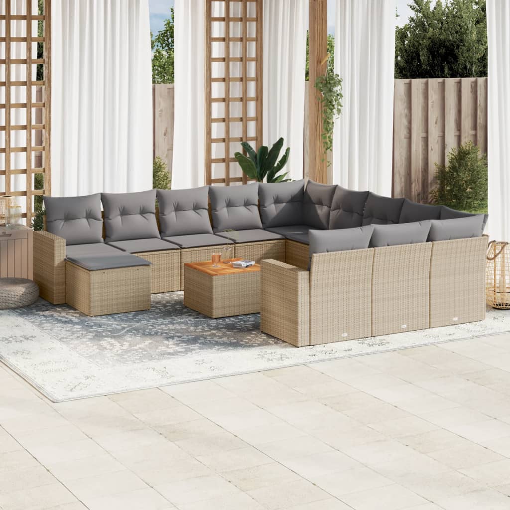 Set Divano da Giardino 13 pz con Cuscini Beige in Polyrattan