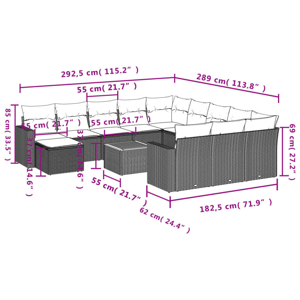 Set mobilier de grădină cu perne, 13 piese, gri, poliratan 3224429 - imagine 3