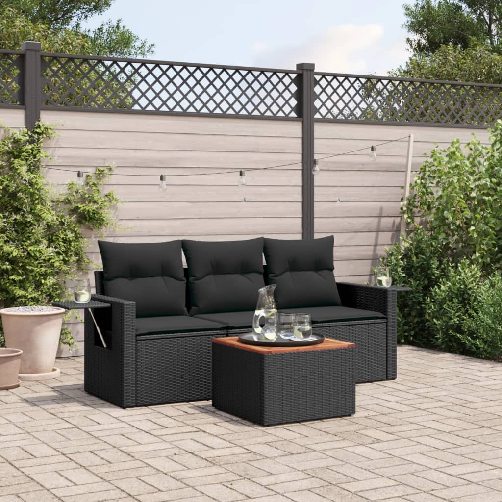 vidaXL 4-tlg. Garten-Sofagarnitur mit Kissen Schwarz Poly Rattan