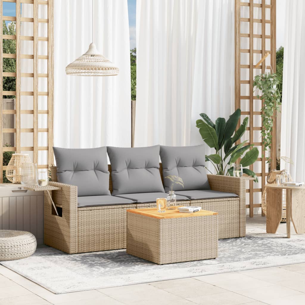 Set Divano da Giardino 4 pz con Cuscini Beige in Polyrattan