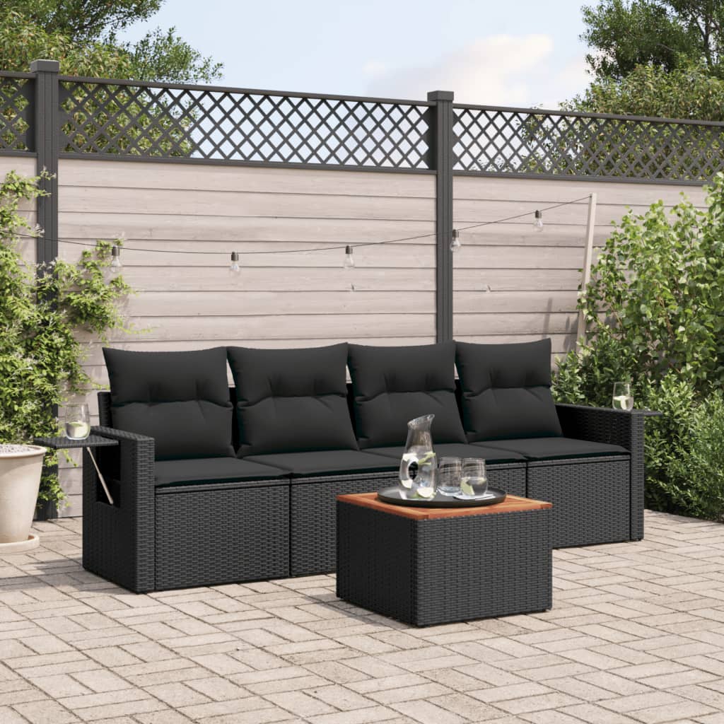 vidaXL 5-tlg. Garten-Sofagarnitur mit Kissen Schwarz Poly Rattan