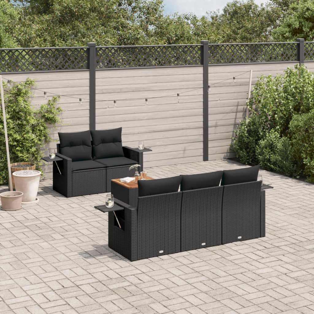 vidaXL 6-tlg. Garten-Sofagarnitur mit Kissen Schwarz Poly Rattan