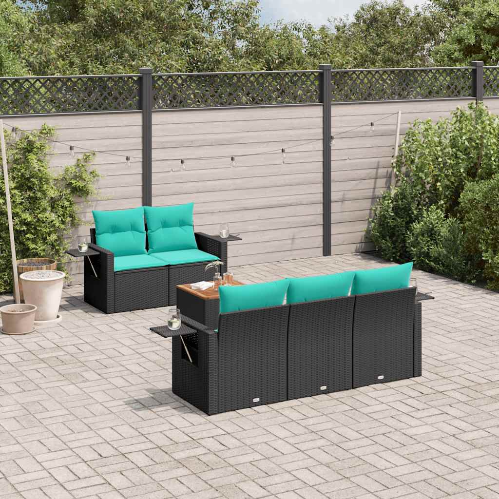 6 Piece Patio Sofa Set with Cushions Black Poly Rattan
