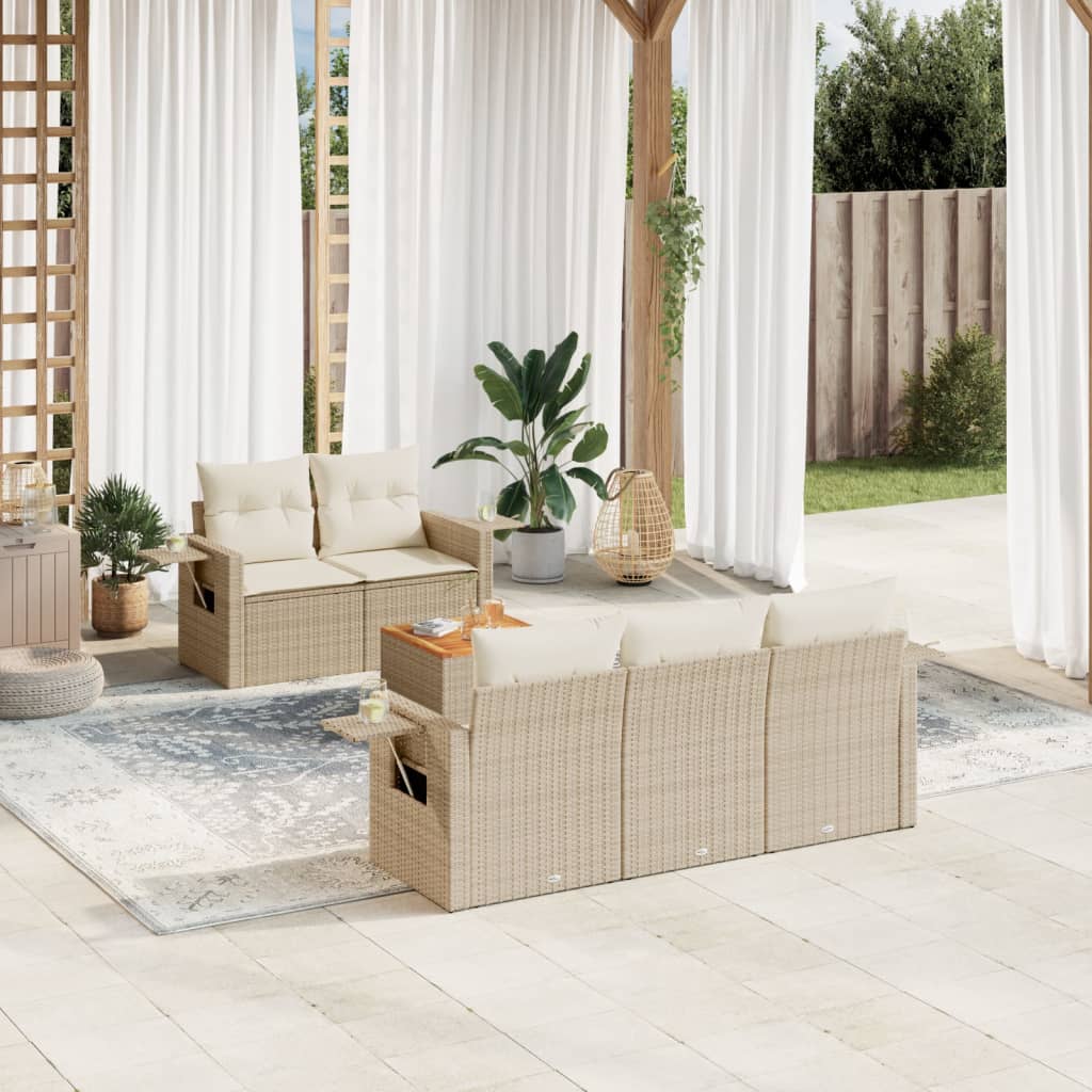 vidaXL 6-tlg. Garten-Sofagarnitur mit Kissen Beige Poly Rattan