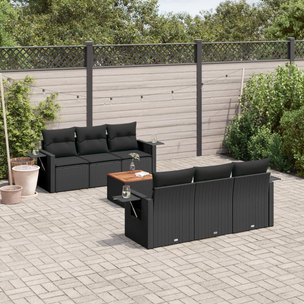 vidaXL 7-tlg. Garten-Sofagarnitur mit Kissen Schwarz Poly Rattan