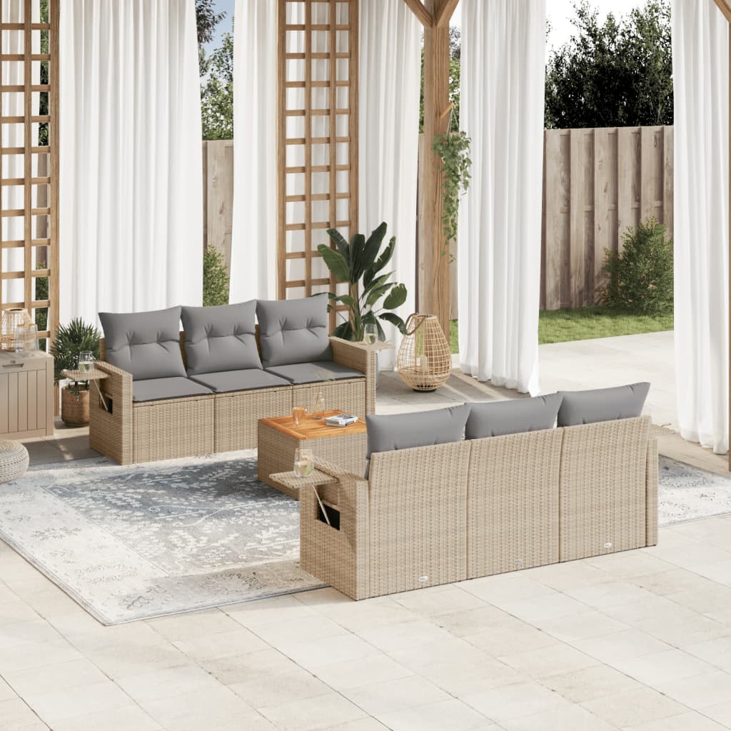 vidaXL 7-tlg. Garten-Sofagarnitur mit Kissen Beige Poly Rattan