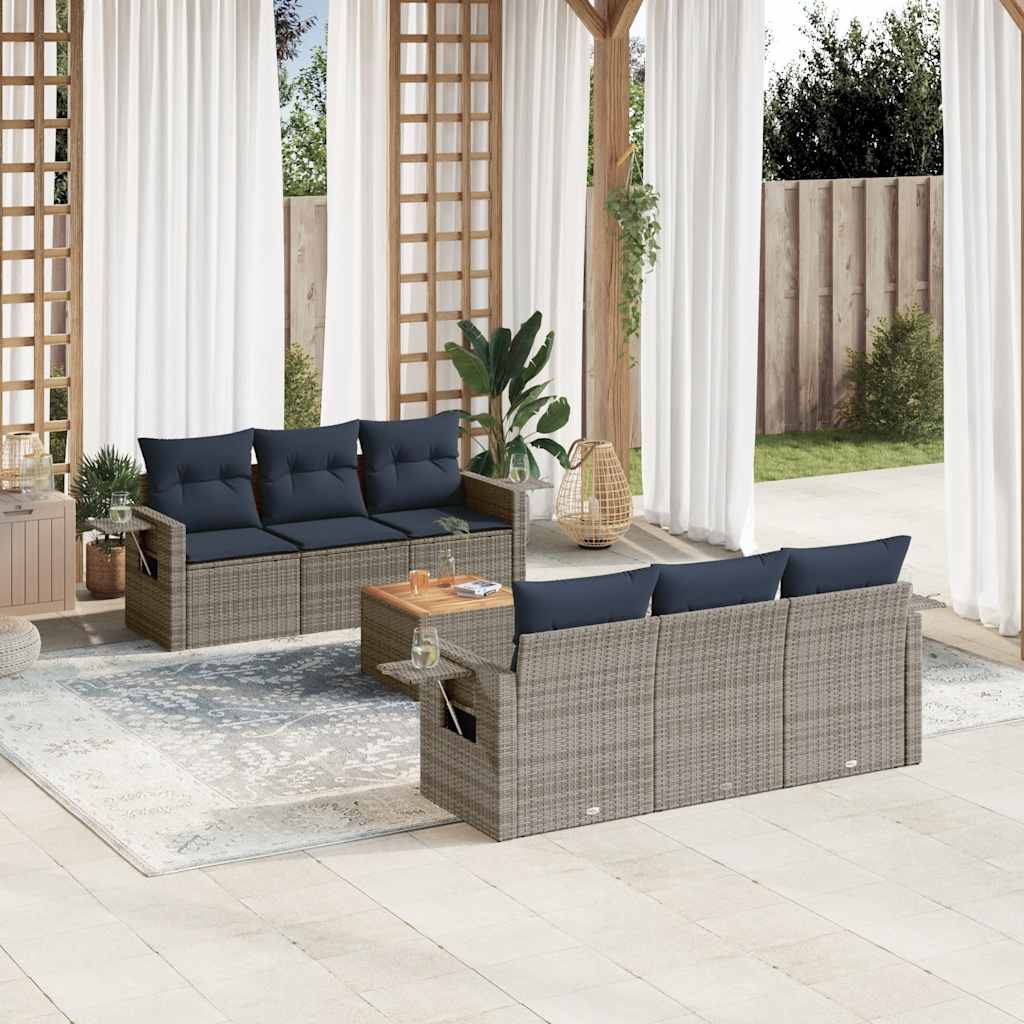 7 Piece Patio Sofa Set with Cushions Gray Poly Rattan