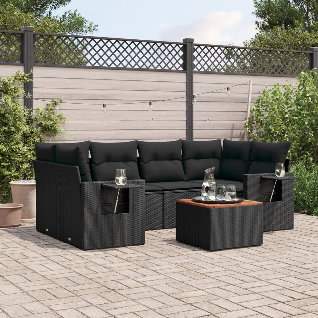 vidaXL 7 Piece Garden Sofa Set with Cushions Black Poly Rattan