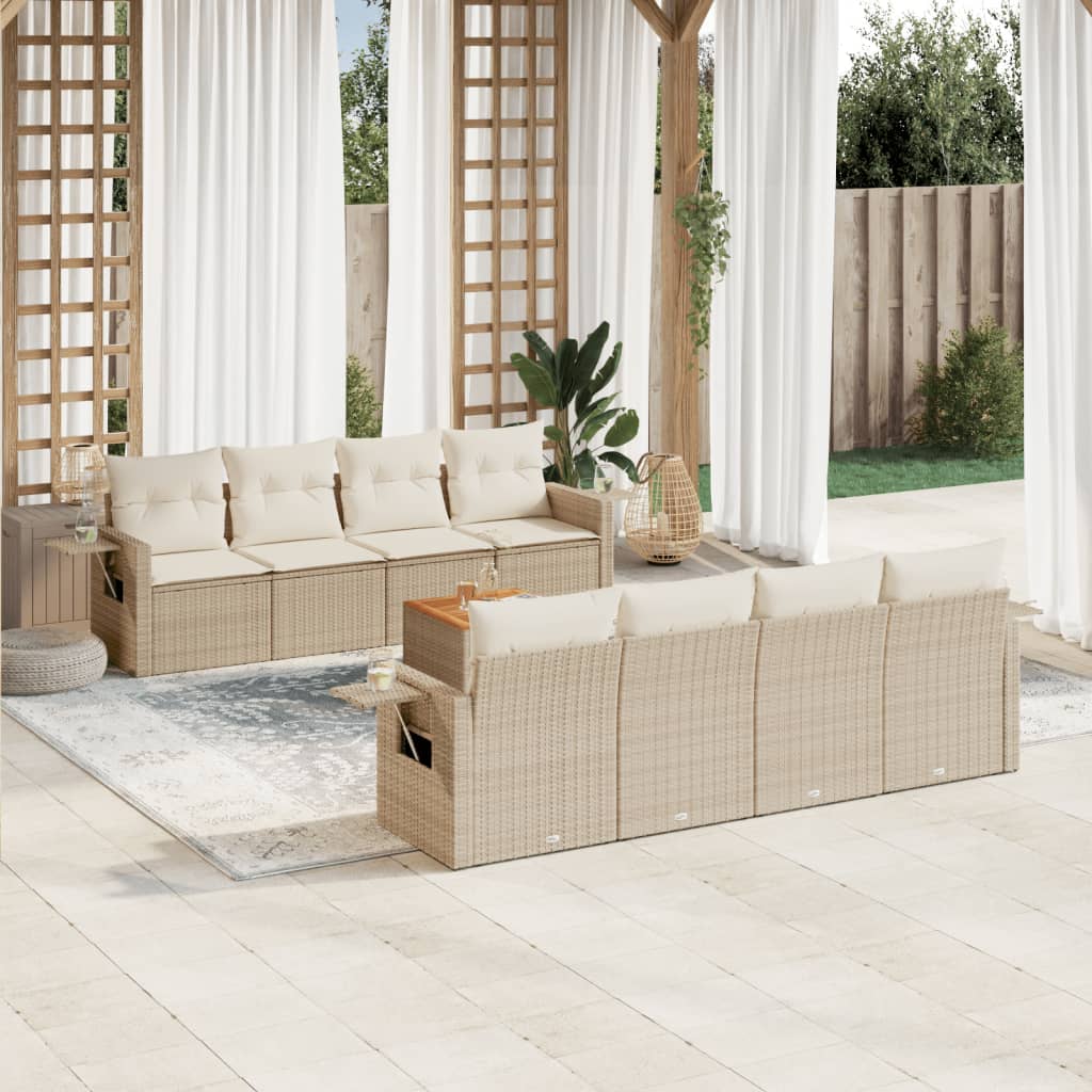 vidaXL 9-tlg. Garten-Sofagarnitur mit Kissen Beige Poly Rattan