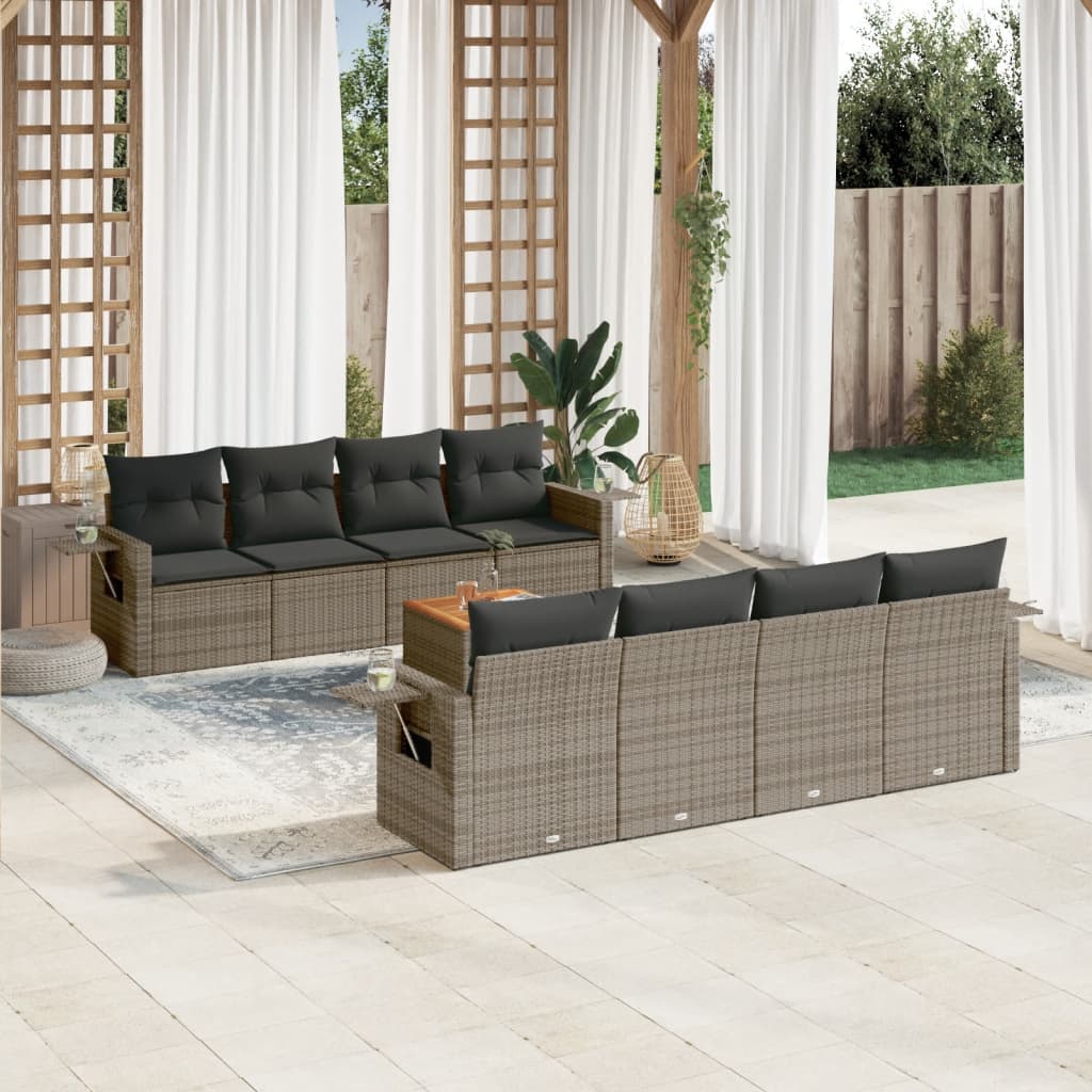 vidaXL 9-tlg. Garten-Sofagarnitur mit Kissen Grau Poly Rattan