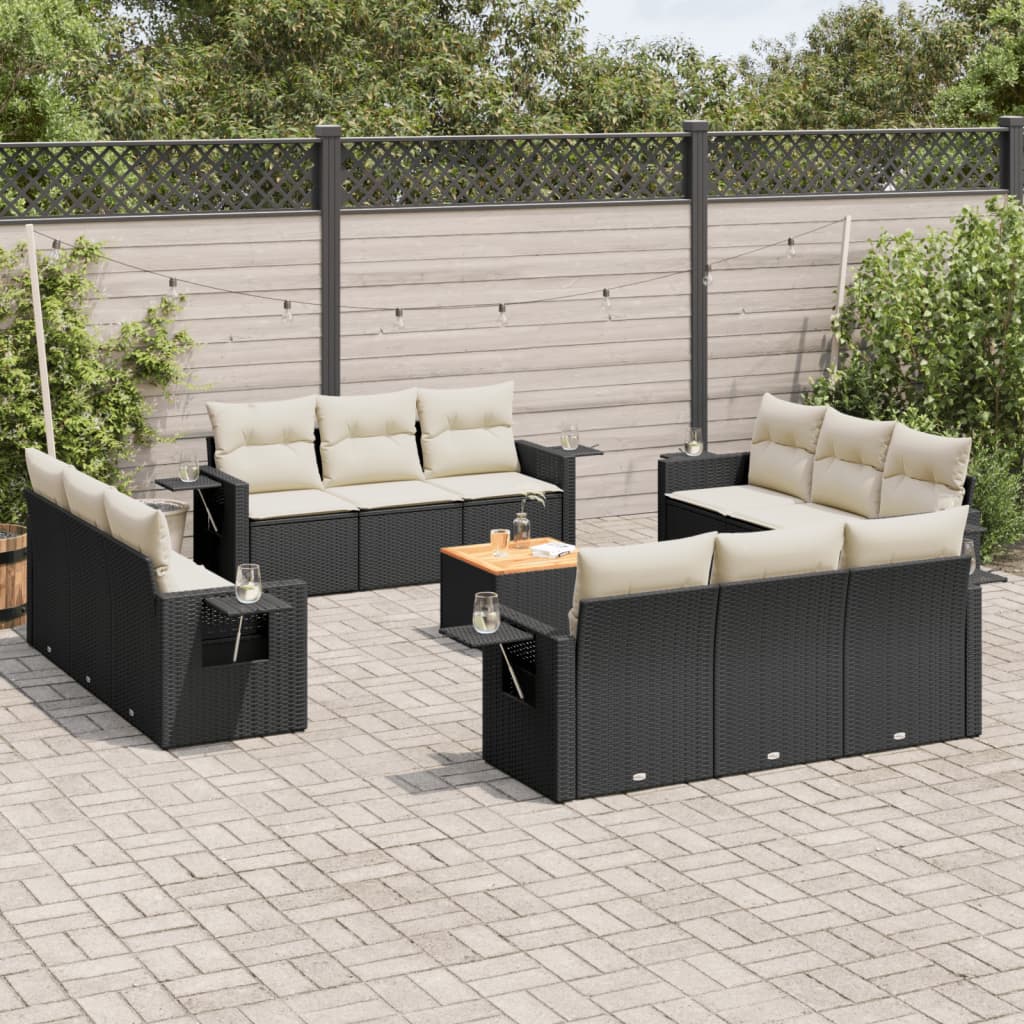 vidaXL 13-tlg. Garten-Sofagarnitur mit Kissen Schwarz Poly Rattan