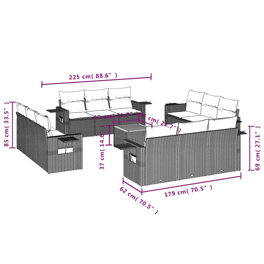 13-teiliges Gartensofa-Set mit Kissen, schwarzes Polyrattan – Ansicht 8