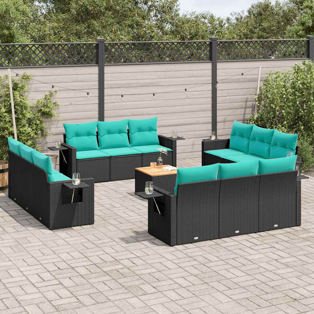vidaXL 13-teiliges Gartensofa-Set mit Kissen, schwarzes Polyrattan