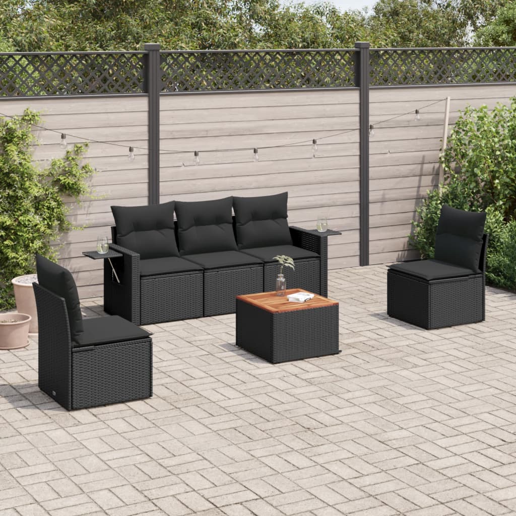 vidaXL 6-tlg. Garten-Sofagarnitur mit Kissen Schwarz Poly Rattan