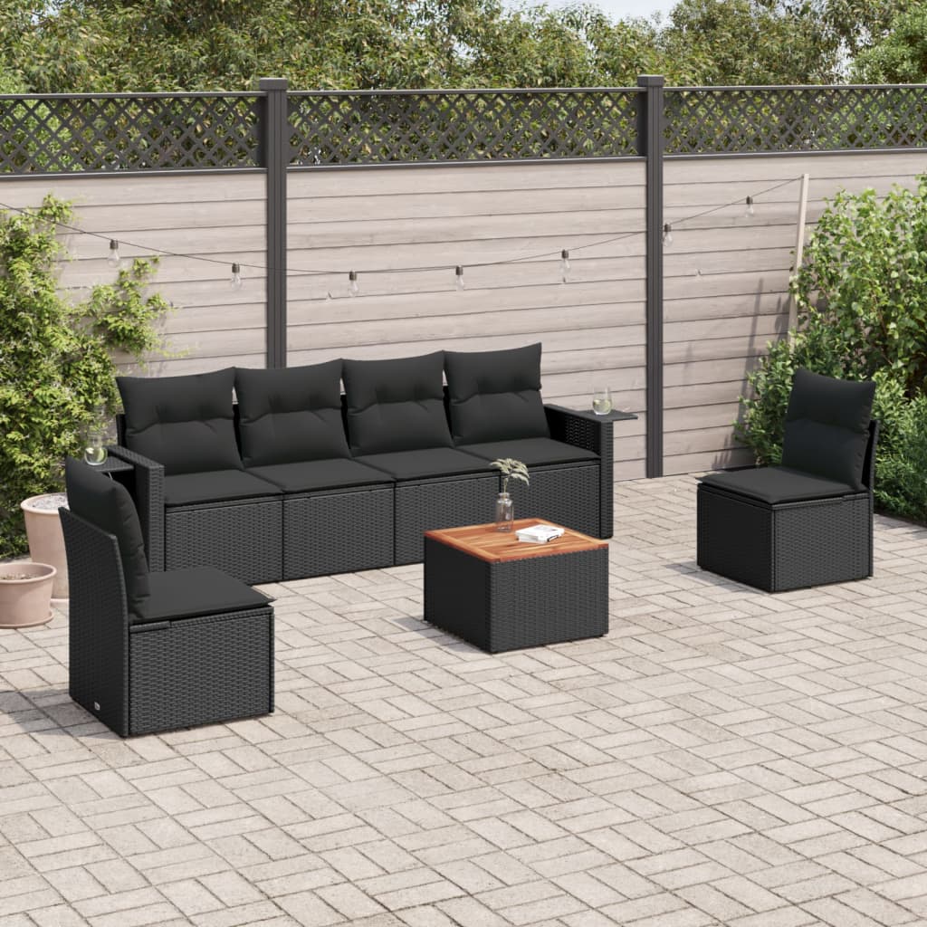 vidaXL 7 pcs conjunto de sofás p/ jardim c/ almofadões vime PE preto