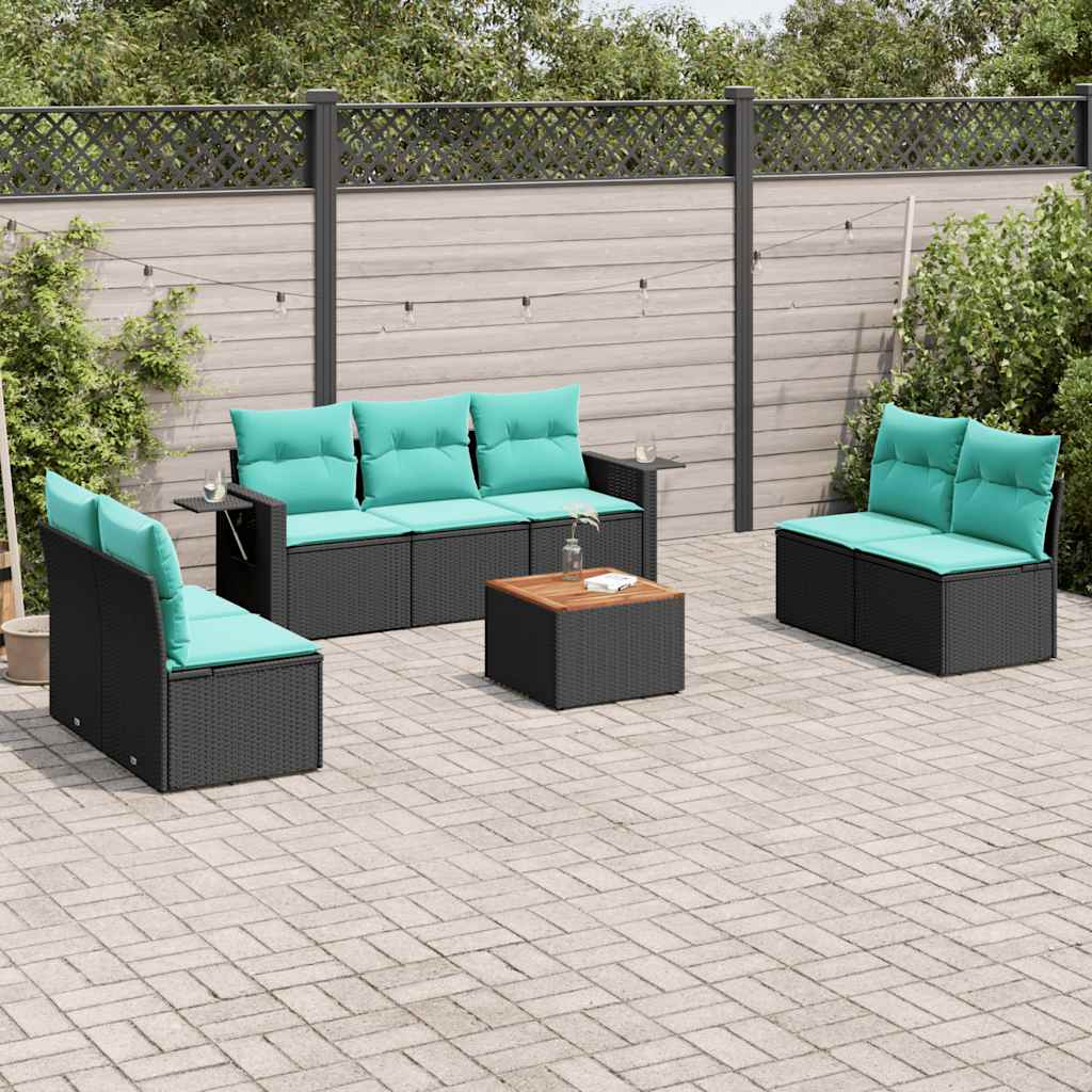 Loungesæt i polyrattan med hynder - sort/blå, 8 dele