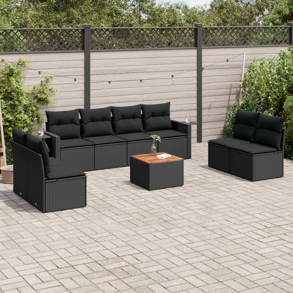 vidaXL 9-tlg. Garten-Sofagarnitur mit Kissen Schwarz Poly Rattan