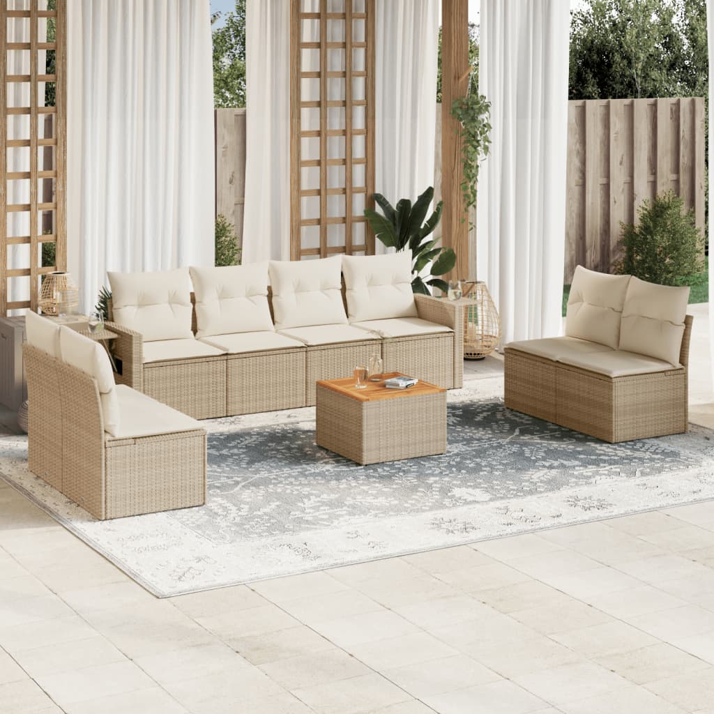 vidaXL 9-delige Loungeset met kussens poly rattan beige