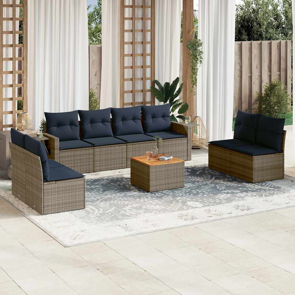 vidaXL 9-teiliges Gartensofa-Set mit Kissen, grau, Polyrattan