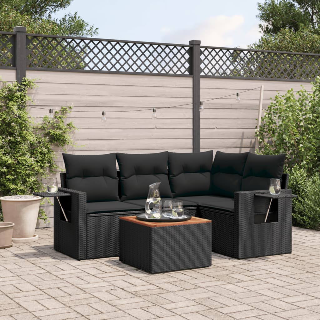 vidaXL 5-tlg. Garten-Sofagarnitur mit Kissen Schwarz Poly Rattan