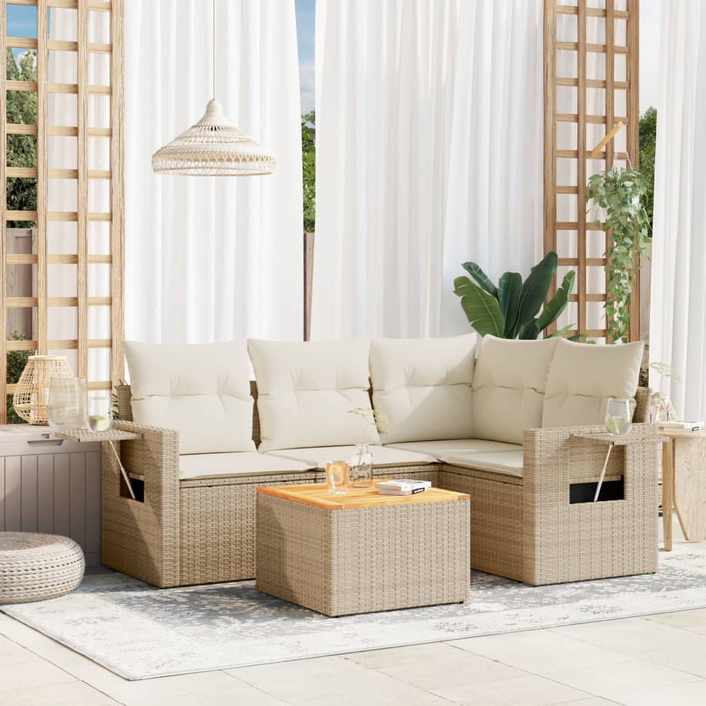 5-tlg. Garten-Sofagarnitur mit Kissen Beige Poly Rattan