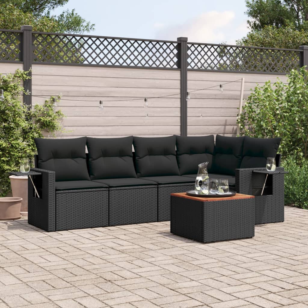 vidaXL 6 Piece Garden Sofa Set with Cushions Black Poly Rattan