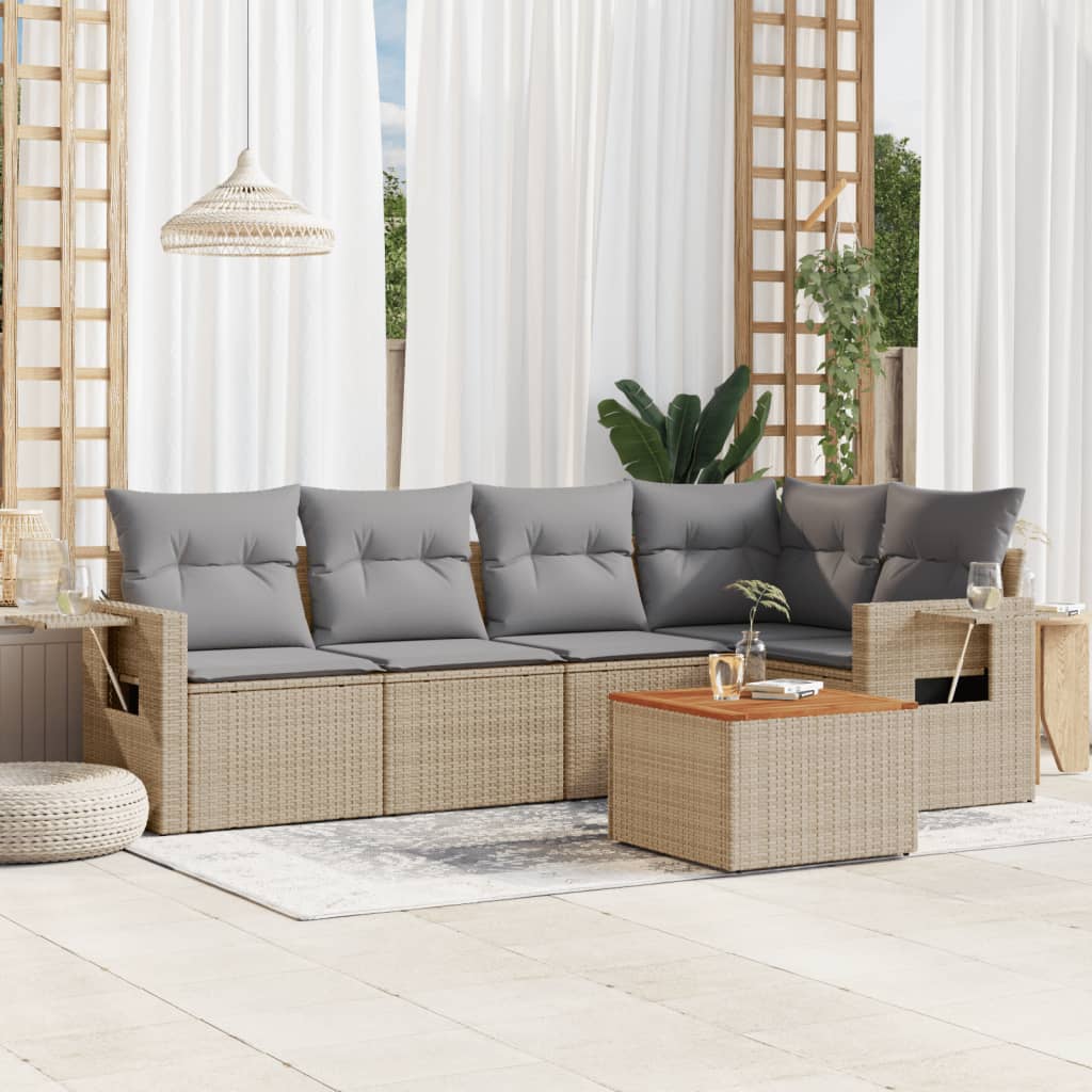 Set Divano da Giardino 6 pz con Cuscini Beige in Polyrattan